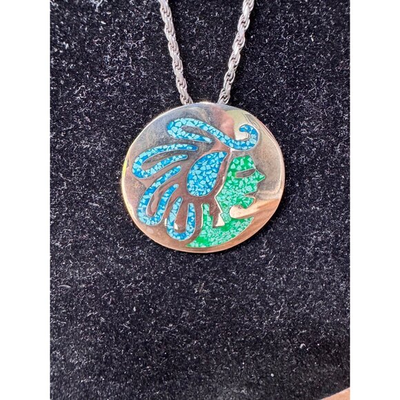 Vintage Taxco Mexican Sterling Silver Chip Inlay Turquoise Signed Brooch Pendant
